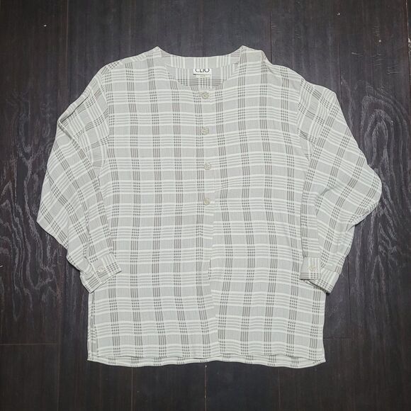 Vtg Clio Blouse Womens M Gray White Plaid Flowy Boho 4 Button Tunic 90s … - Picture 6 of 16